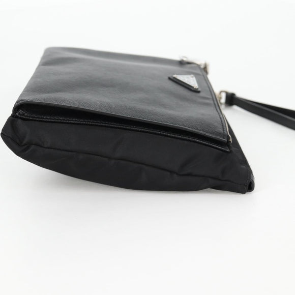 PRADA Clutch Bag Saffiano Nylon Zwart Zilver Auth am9108V