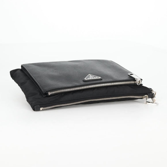 PRADA Clutch Bag Saffiano Nylon Zwart Zilver Auth am9108V