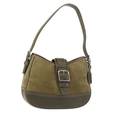 Coach Shoulder Bag Suede Leather Khaki Silver Auth am9145