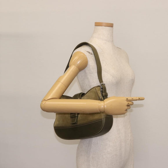 Coach Shoulder Bag Suede Leather Khaki Silver Auth am9145