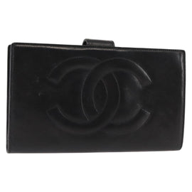 CHANEL Long Wallet Lamb Skin Black CC Auth am9206
