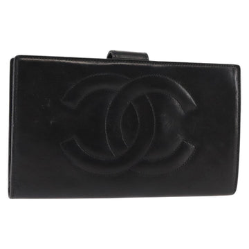 CHANEL Long Wallet Lamb Skin Black CC Auth am9206