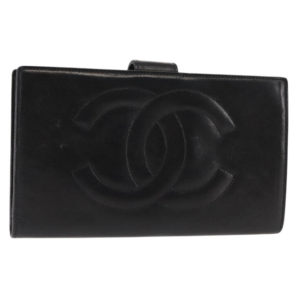 CHANEL Long Wallet Lamb Skin Black CC Auth am9206