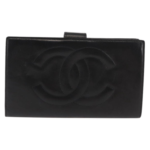 CHANEL Long Wallet Lamb Skin Black CC Auth am9206