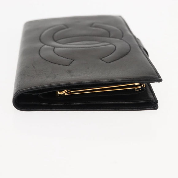 CHANEL Long Wallet Lamb Skin Black CC Auth am9206