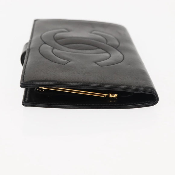 CHANEL Long Wallet Lamb Skin Black CC Auth am9206