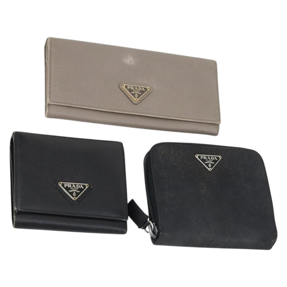 PRADA Wallet Leather Nylon 3 Set Gray Black Auth am9255