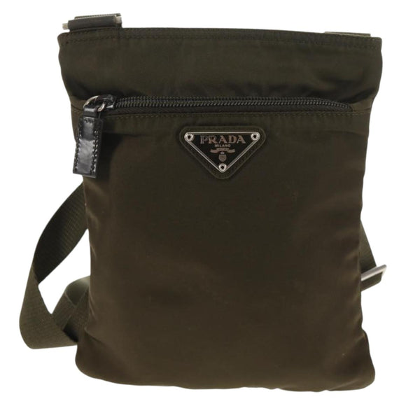 PRADA Pouch Shoulder Bag Nylon Khaki Silver Auth am9274V
