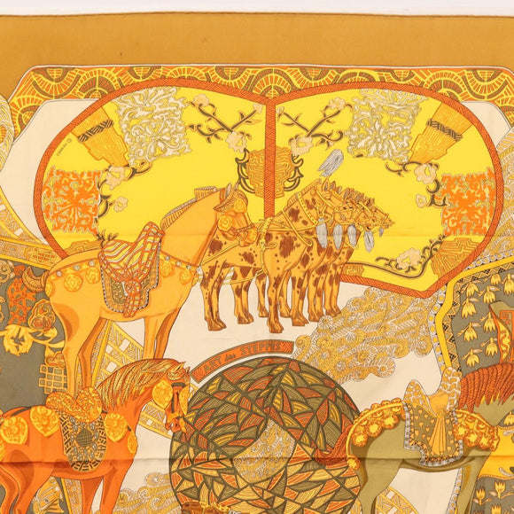 HERMES Carre 90 Scarf ""ART des STEPPES"" Silk Brown Auth am9303