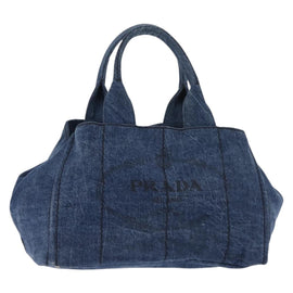 PRADA Canapa MM Hand Bag Denim Blue Gold Auth am9345