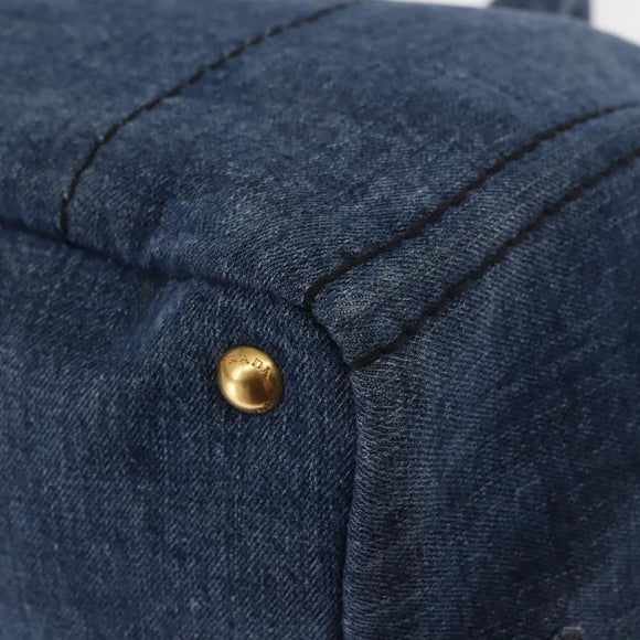 PRADA Canapa MM Hand Bag Denim Blue Gold Auth am9345