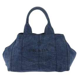 PRADA Canapa MM Hand Bag Denim Blue Gold Auth am9345 - 0