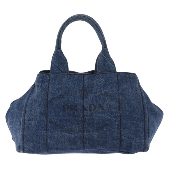 PRADA Canapa MM Hand Bag Denim Blue Gold Auth am9345