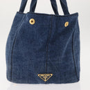 PRADA Canapa MM Hand Bag Denim Blue Gold Auth am9345-5