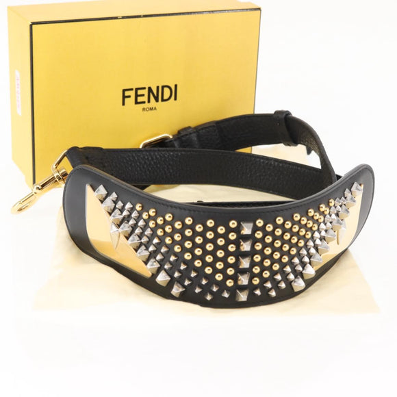 FENDI Monster Studs Shoulder Strap Leather 31.5""-39.4"" Black Gold Auth am9364