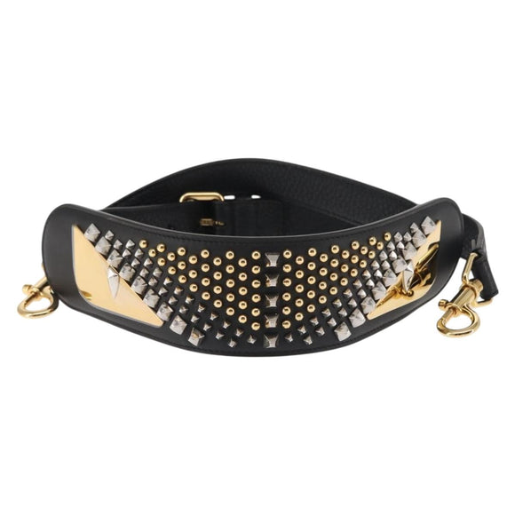 FENDI Monster Studs Shoulder Strap Leather 31.5""-39.4"" Black Gold Auth am9364
