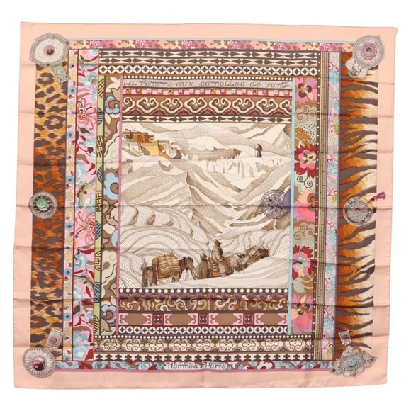 HERMES Carre 90 Scarf LA FEMME AUX SEMELLES DE VENT Silk Pink Auth am9373