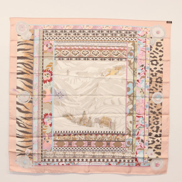 HERMES Carre 90 Scarf LA FEMME AUX SEMELLES DE VENT Silk Pink Auth am9373