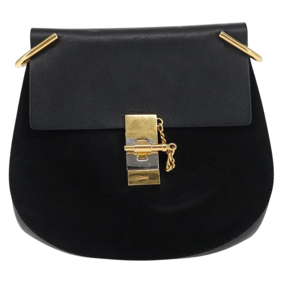 Chloe Chain Drew Shoulder Bag Leather Black Gold Auth am9382
