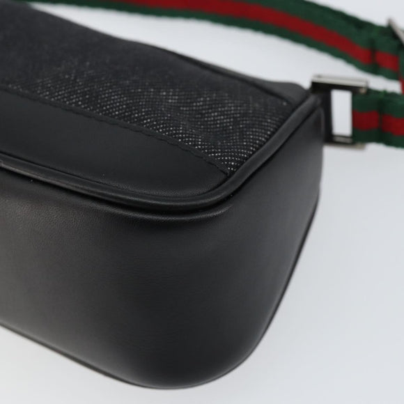 GUCCI Web Sherry Line Pouch Canvas Leather Black Silver Red 92820 Auth am9396