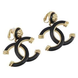 CHANEL COCO Mark Camelia Earring Metal Leather Gold CC Auth am9409
