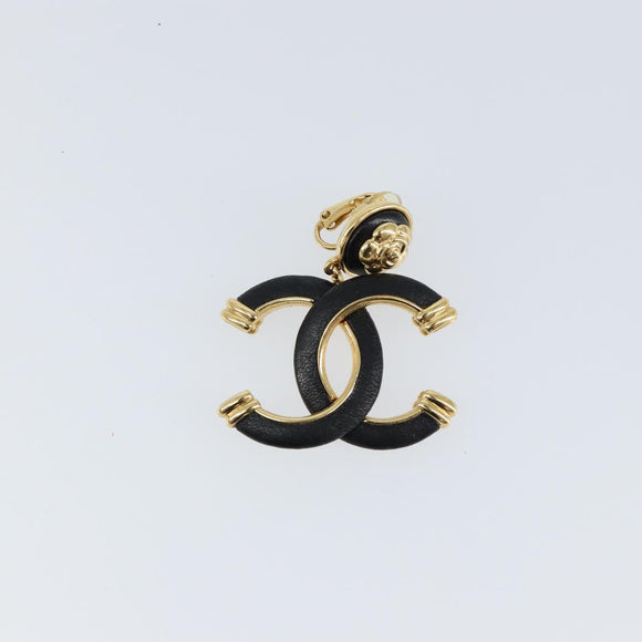 CHANEL COCO Mark Camelia Earring Metal Leather Gold CC Auth am9409
