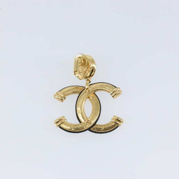 CHANEL COCO Mark Camelia Earring Metal Leather Gold CC Auth am9409
