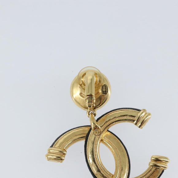 CHANEL COCO Mark Camelia Earring Metal Leather Gold CC Auth am9409