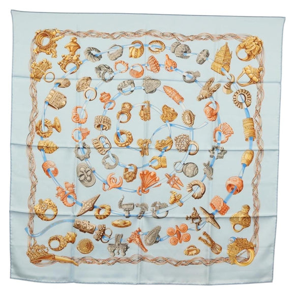 HERMES Carre 90 Scarf ""ALLIANCES DU MONDE"" Silk Light Blue Auth am9416