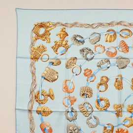 HERMES Carre 90 Scarf ""ALLIANCES DU MONDE"" Silk Light Blue Auth am9416 - 0