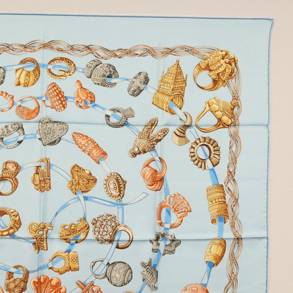 HERMES Carre 90 Scarf ""ALLIANCES DU MONDE"" Silk Light Blue Auth am9416