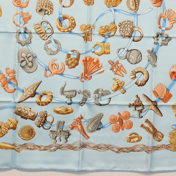 HERMES Carre 90 Scarf ""ALLIANCES DU MONDE"" Silk Light Blue Auth am9416