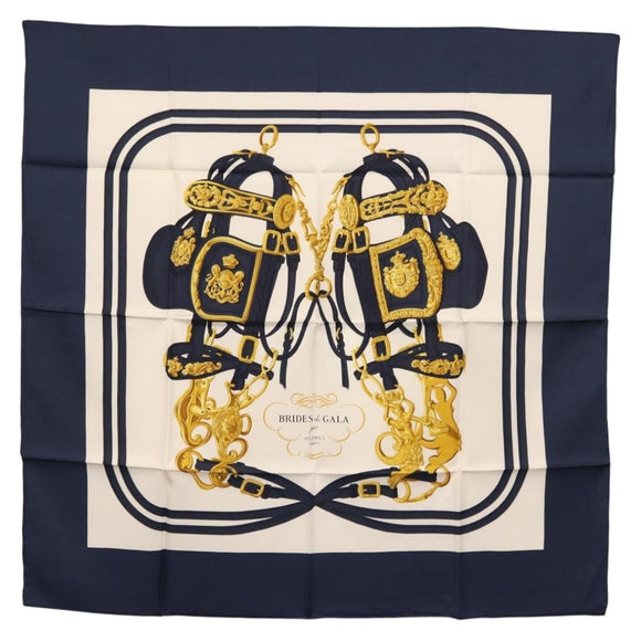 HERMES Carre 90 Scarf ""BRIDES de GALA par"" Silk White blue Auth am9417