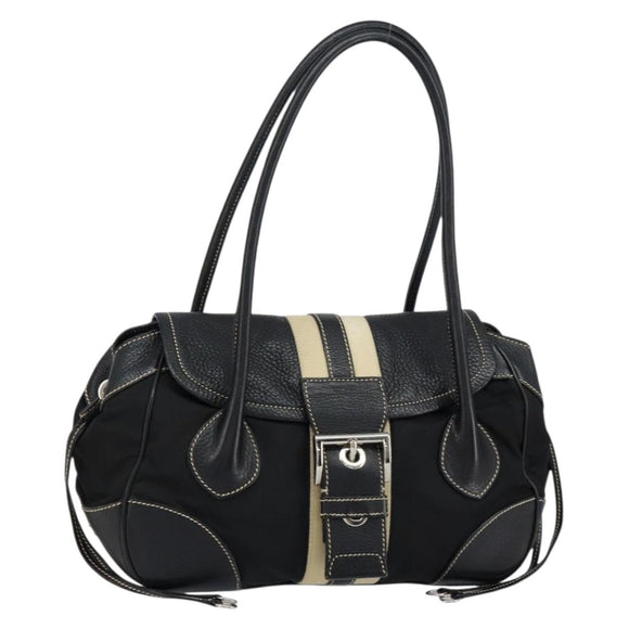 PRADA Shoulder Bag Nylon Leather Black Silver Auth am9430