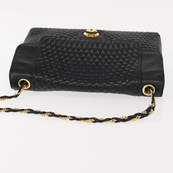 BALLY Quilted Chain Shoulder Bag Leather Black Gold Auth am9465