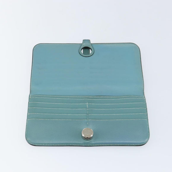 HERMES Dogon Long Wallet Leather Light Blue Silver Auth am9479