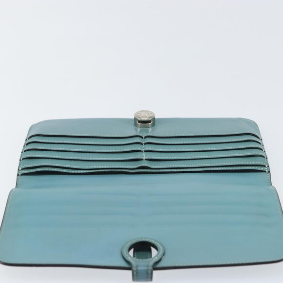 HERMES Dogon Long Wallet Leather Light Blue Silver Auth am9479