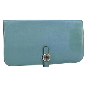 HERMES Dogon Long Wallet Leather Light Blue Silver Auth am9479