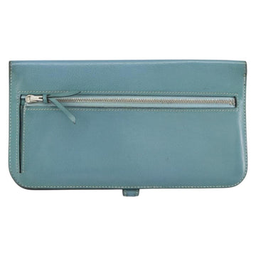 HERMES Dogon Long Wallet Leather Light Blue Silver Auth am9479 - 0