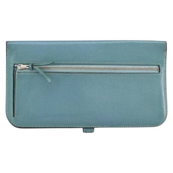 HERMES Dogon Long Wallet Leather Light Blue Silver Auth am9479