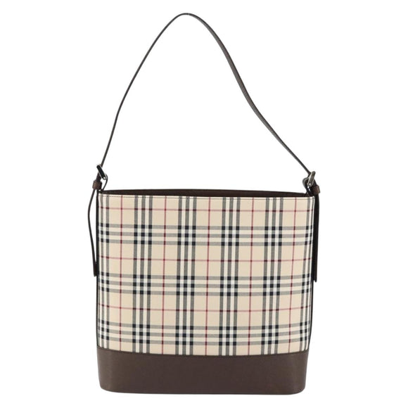 BURBERRY Nova Check Shoulder Bag Canvas Leather Beige Silver Auth am9486V
