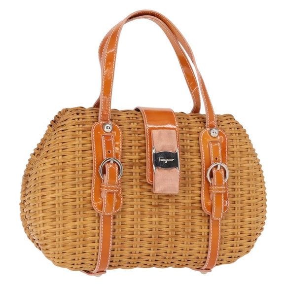 Salvatore Ferragamo Vala Hand Bag Rattan Leather Brown Silver Auth am9489