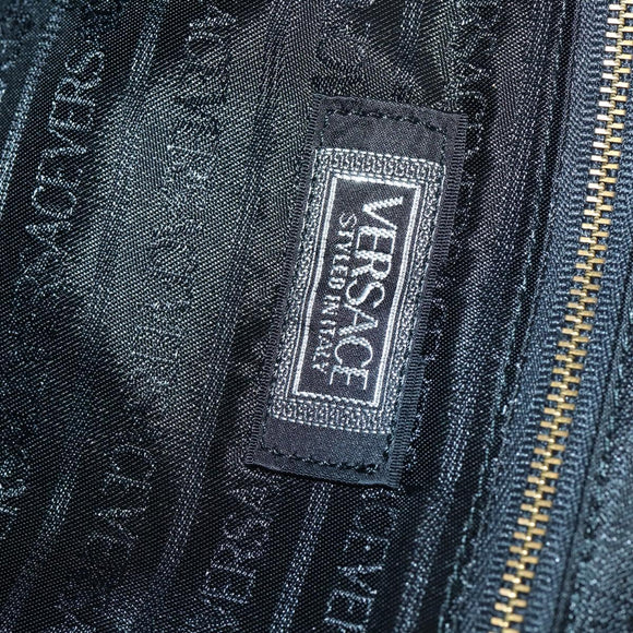 VERSACE Boston Bag Leer 2way Zwart Goud Auth am9495