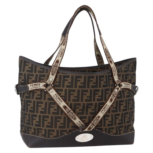 FENDI Zucca Canvas Celeria Tote Bag Black Brown Silver Auth am9502