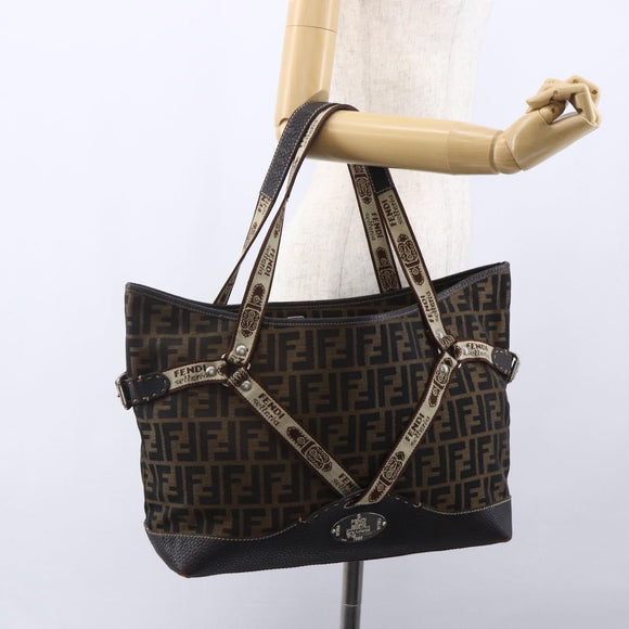 FENDI Zucca Canvas Celeria Tote Bag Black Brown Silver Auth am9502