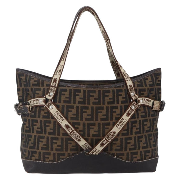FENDI Zucca Canvas Celeria Tote Bag Black Brown Silver Auth am9502