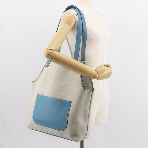 HERMES Giardinier PM Tote Bag Canvas Leather Beige Blue Auth am9505