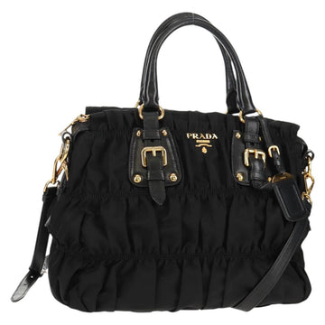 PRADA Gathered Hand Bag Nylon 2way Black Gold Auth am9517V