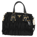 PRADA Gathered Hand Bag Nylon 2way Black Gold Auth am9517V-2