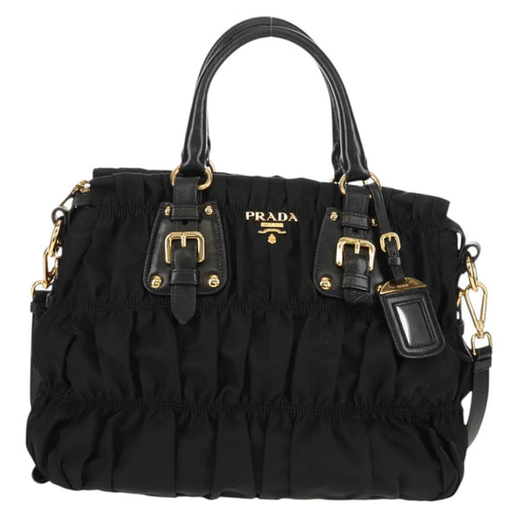 PRADA Gathered Hand Bag Nylon 2way Black Gold Auth am9517V